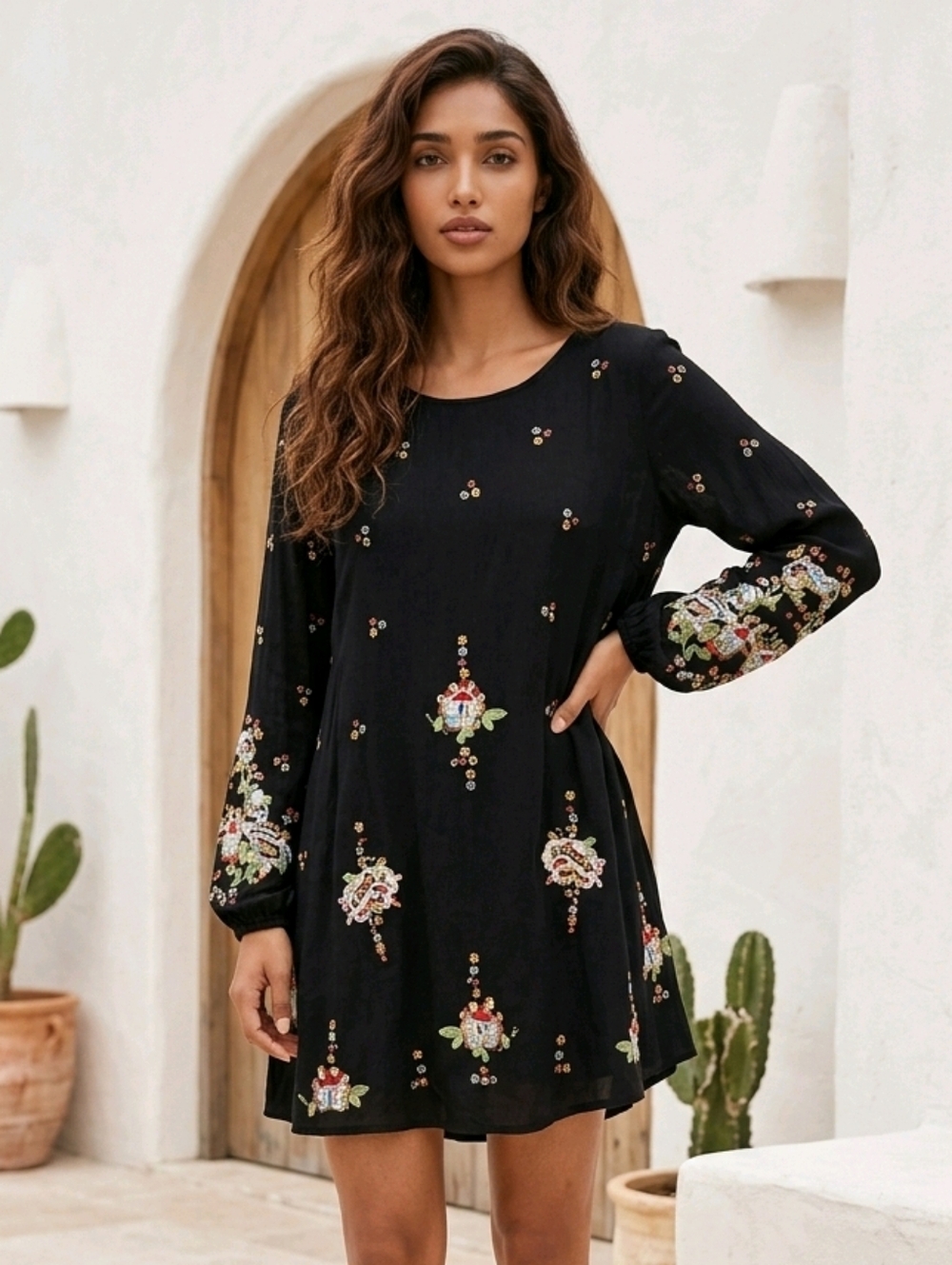 Free People Embroidered Boho Dress XS Black Gauze Open Back Swing Mini Festival